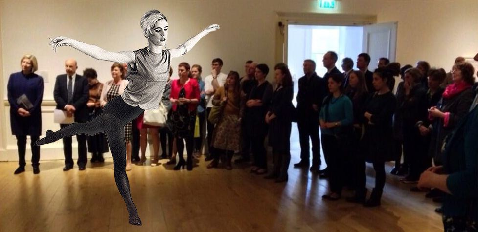 Edie Sedgwick doing an arabesque in the National Gallery of Scotland at the 5th anniversary party for Artist Rooms