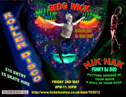 Psychedellic, black-light poster for Roller Disco featuring DJ Sedg Wick