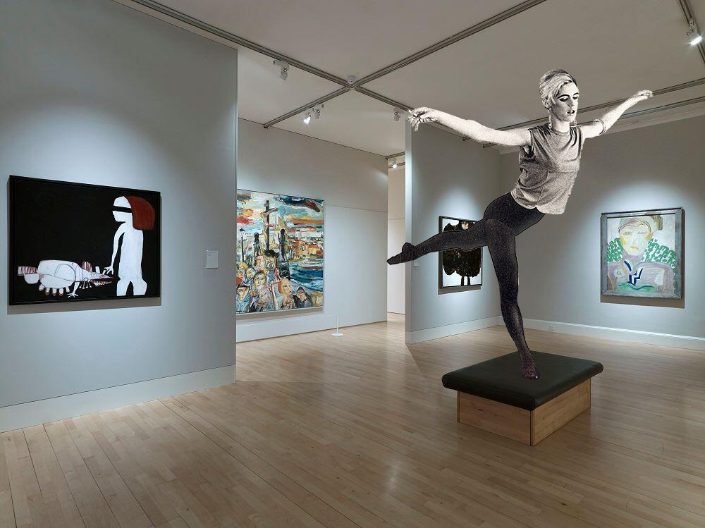 screen legend Edie Sedgwick dances on a small pedestal at the National Galleries Scotland. So long as she keeps moving she powers a generator that provides lighting in the galleries.