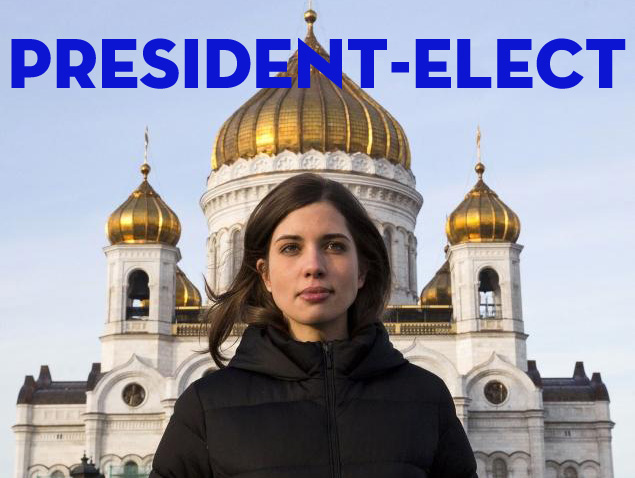 Photo of Russian President-Elect Nzdezhda Tolokonnikova on the day after the Russian Presidential elections.