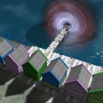 a row of small houses facing a swirling vortex over the sea