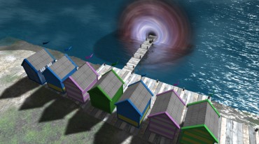 a row of small houses facing a swirling vortex over the sea